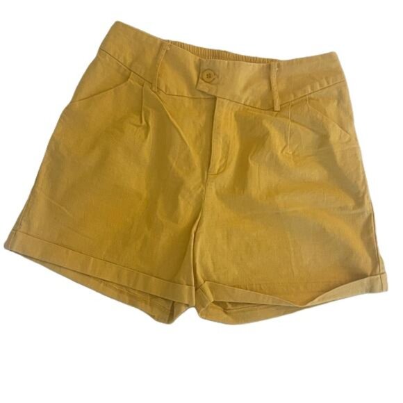 belle poque Pants - Belle Poque Women Mustard Yellow Linen Blend Pleated Cuffed Shorts Size Small